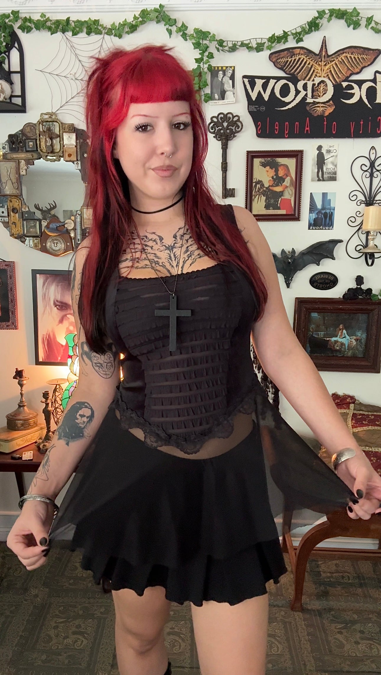 Lilith top - Black with Long Mesh Peplum (Size 10-12)