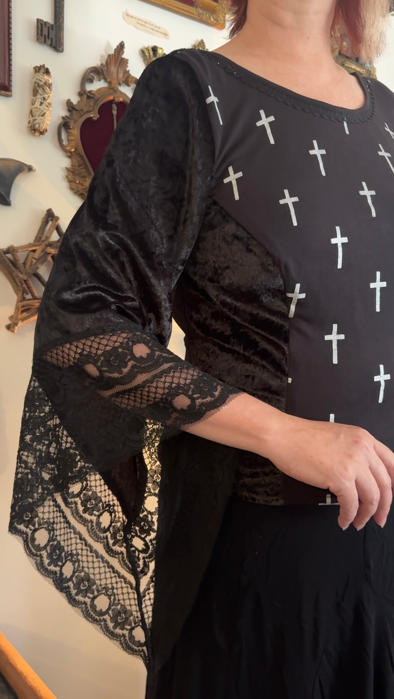 Morgan top - Black Velour with Cross Print (18)