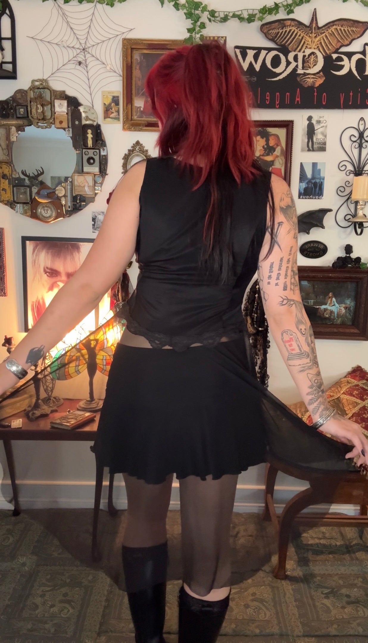Lilith top - Black with Long Mesh Peplum (Size 10-12)