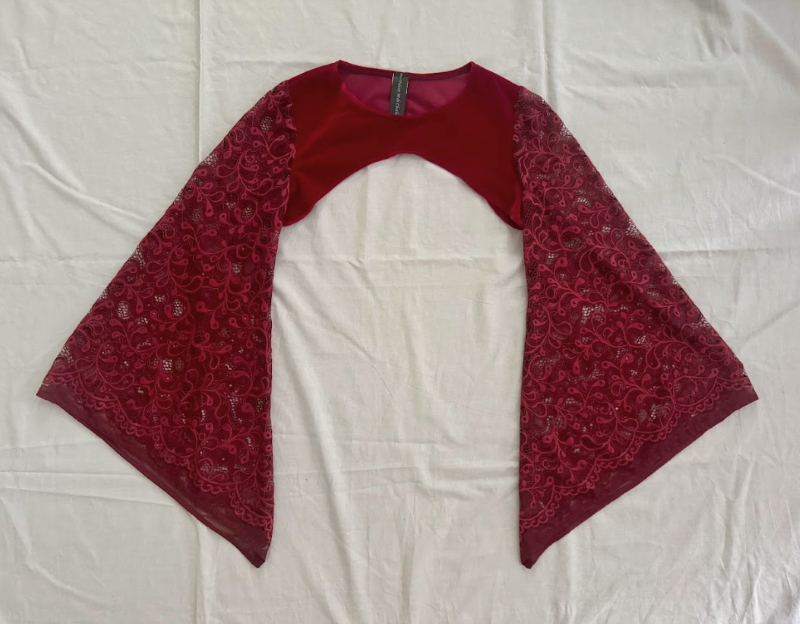 Lucinda Bolero Top - Blood Red Velour with Lace Sleeves (M-L)