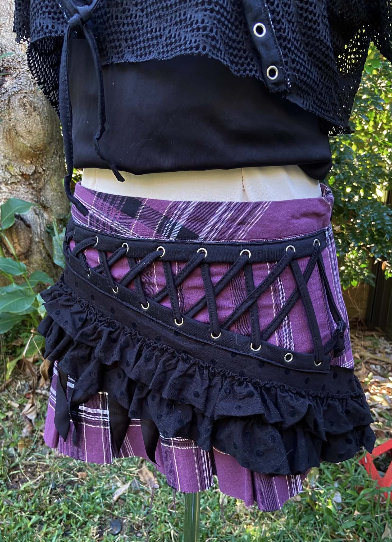 Mini Skirt - Purple Tartan with Black Frill and Lacing (Size 10)