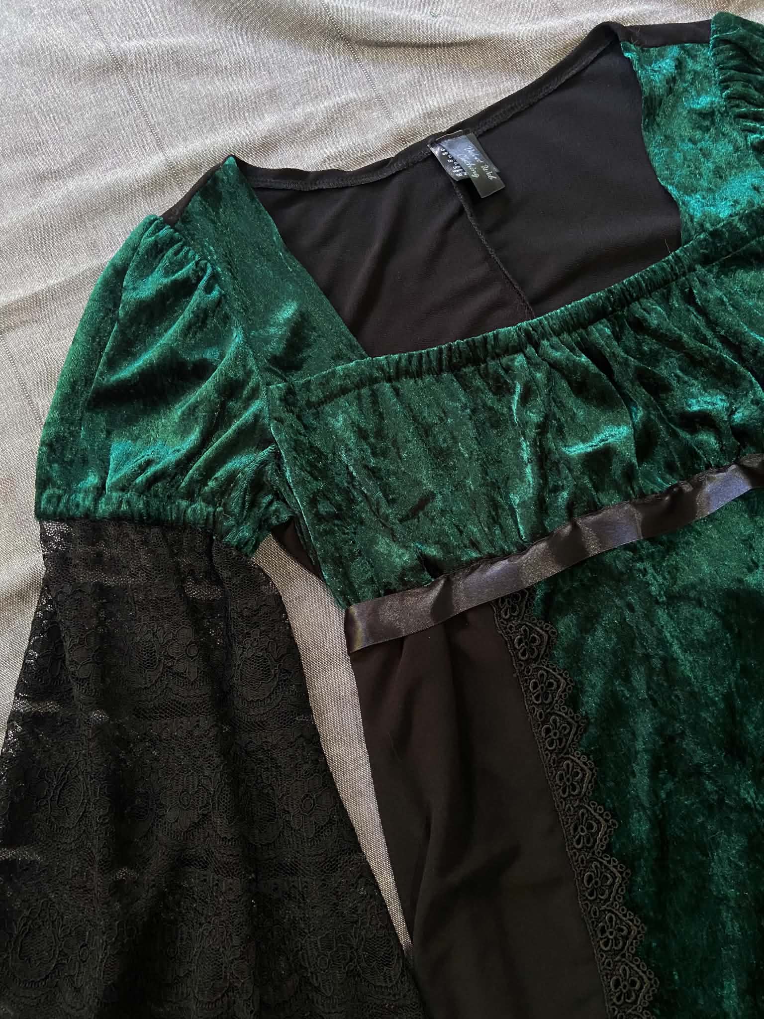 Adeline Dress - Emerald Velour with Lace Sleeves (size 12-14)