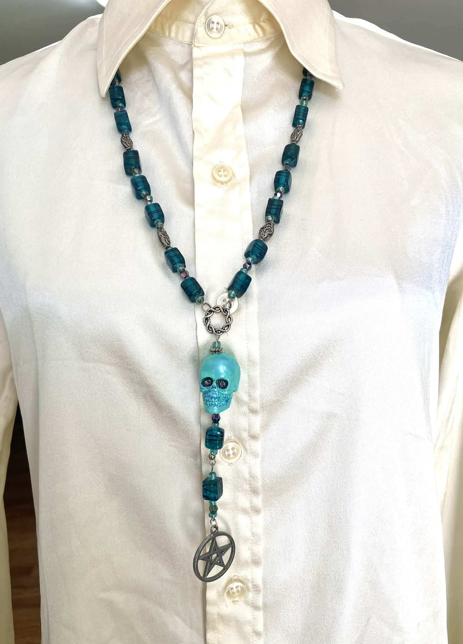 Teal Glass Bead Rosary with Skull and Pentagram
