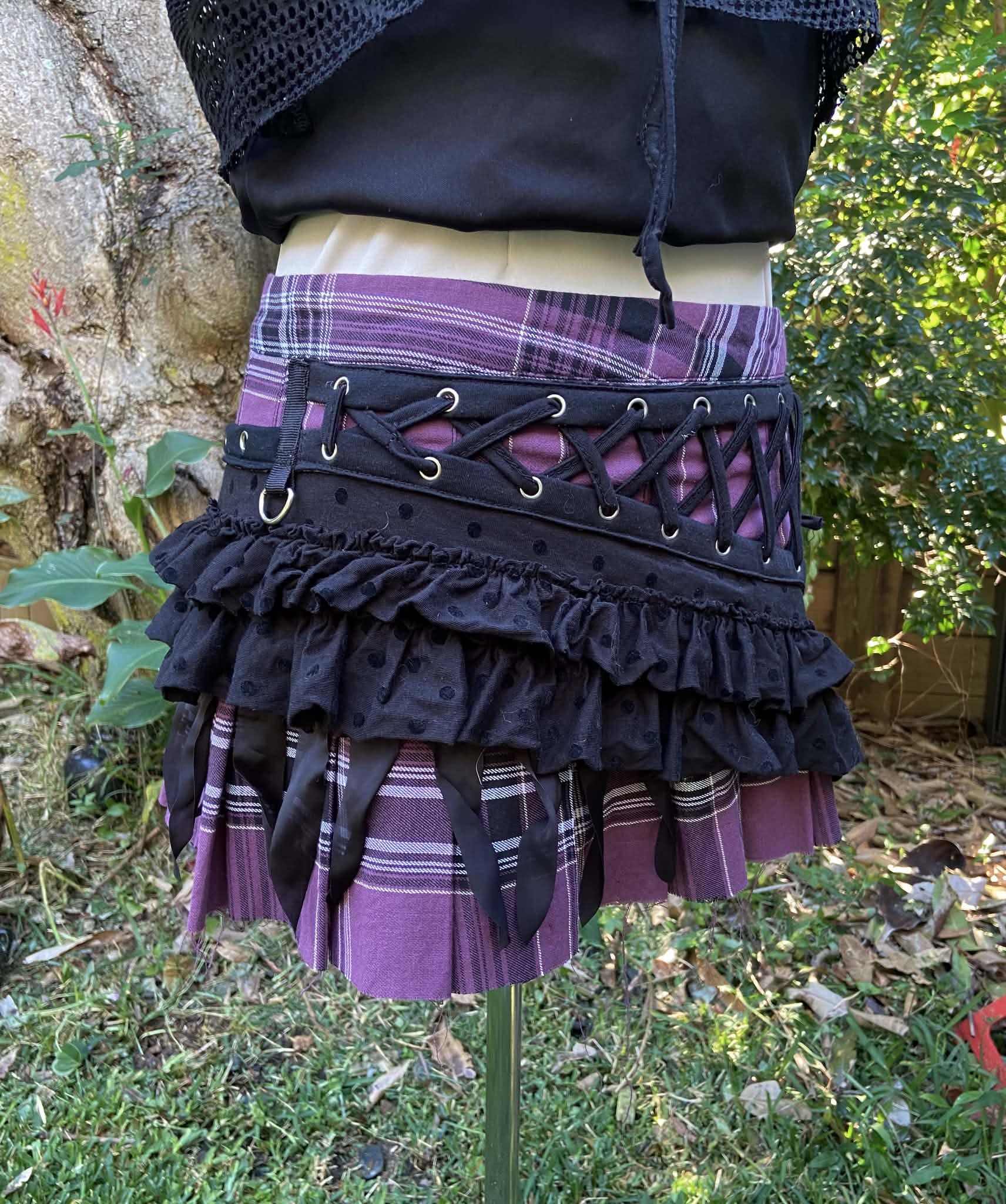Mini Skirt - Purple Tartan with Black Frill and Lacing (Size 10)