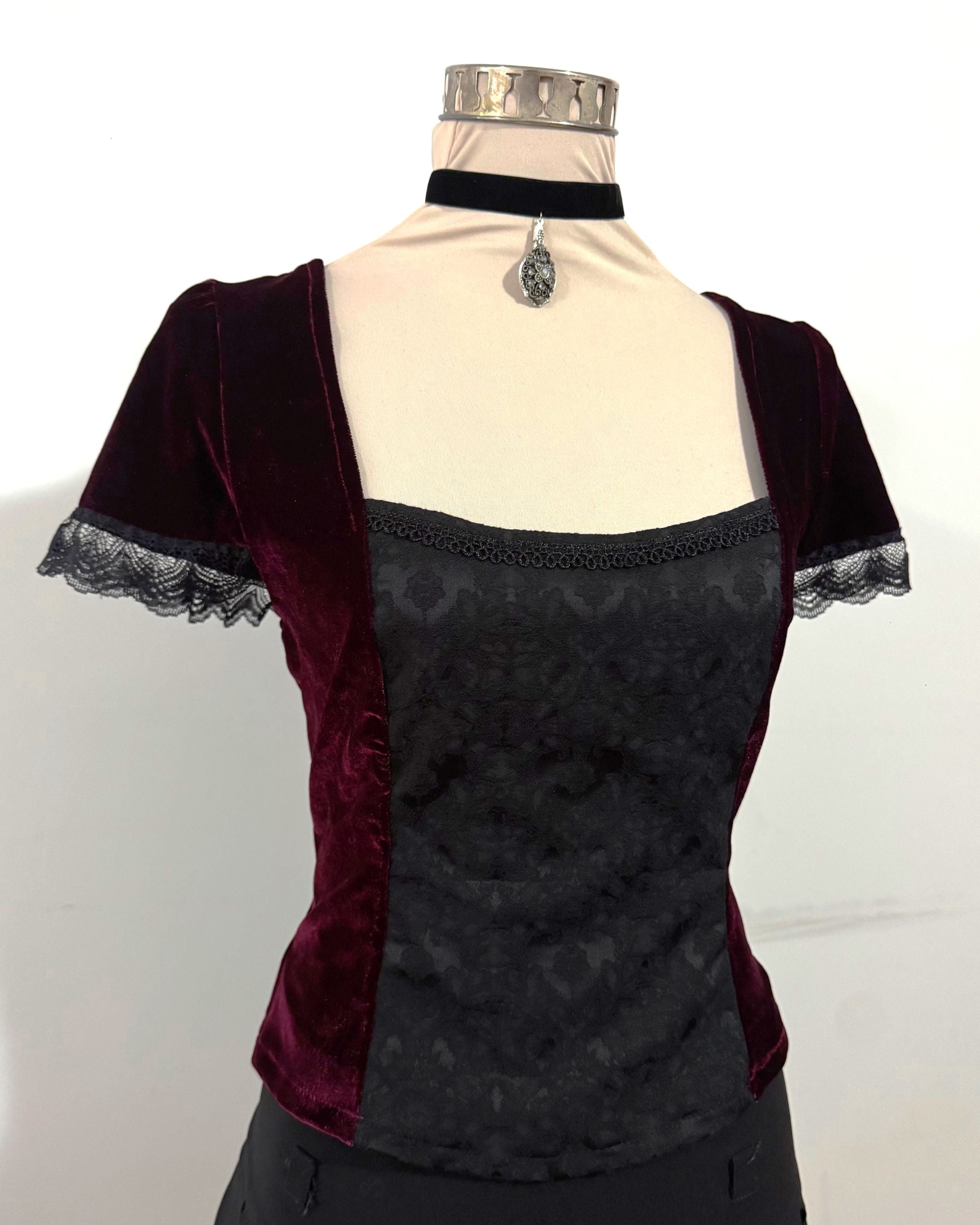 Lilith Top - Burgundy Velour with Black Brocade (size 14)