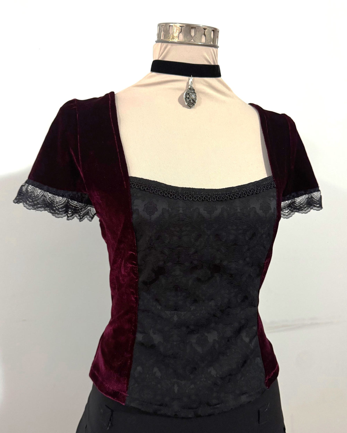 Lilith Top - Burgundy Velour with Black Brocade (size 14)