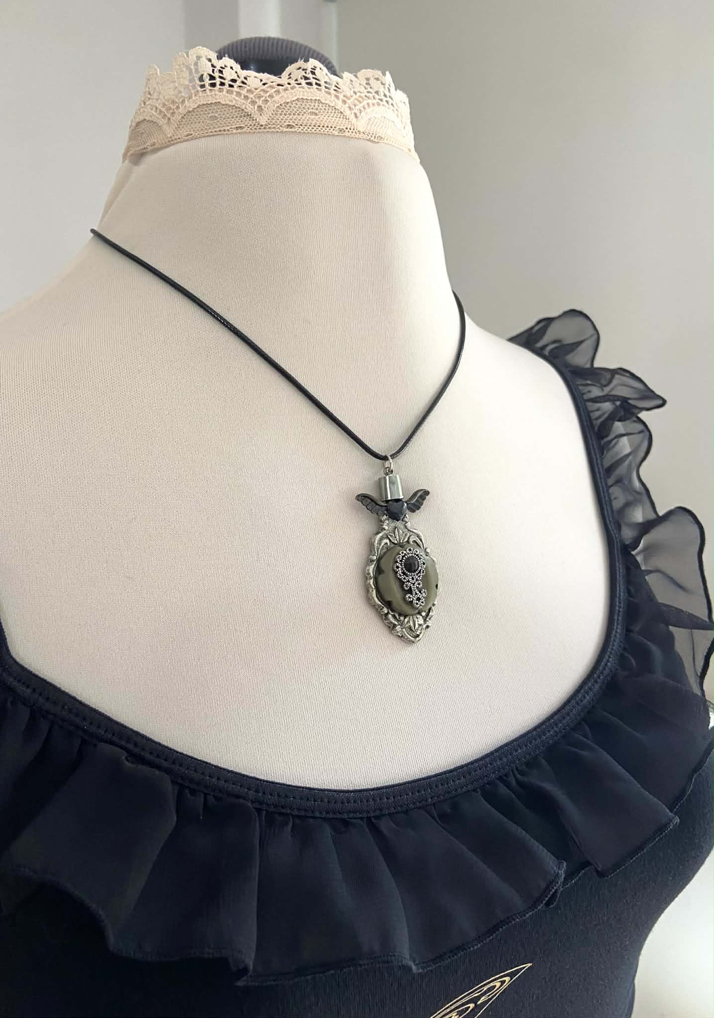 Vintage Spoon Pendant with Black Jewel
