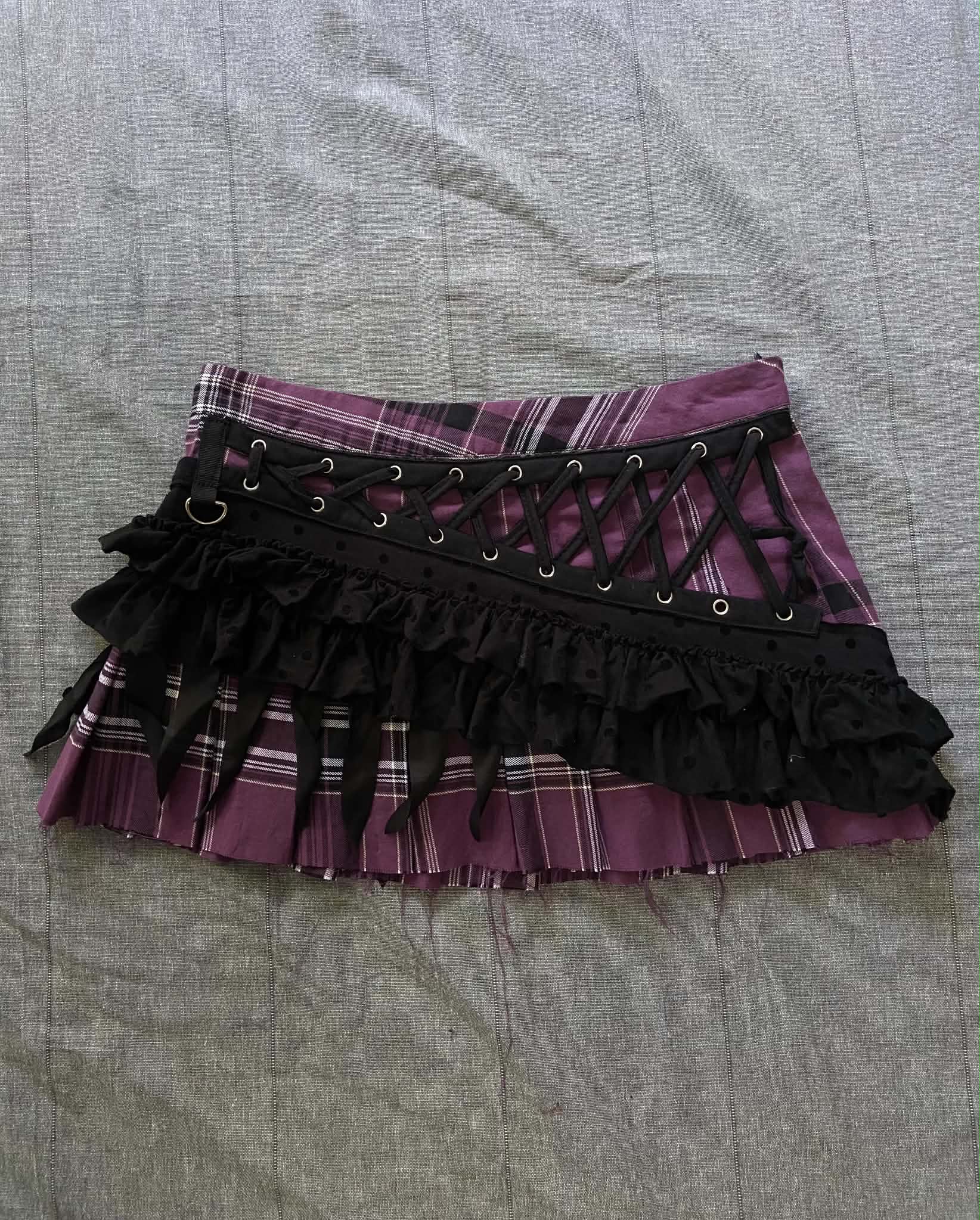 Mini Skirt - Purple Tartan with Black Frill and Lacing (Size 10)