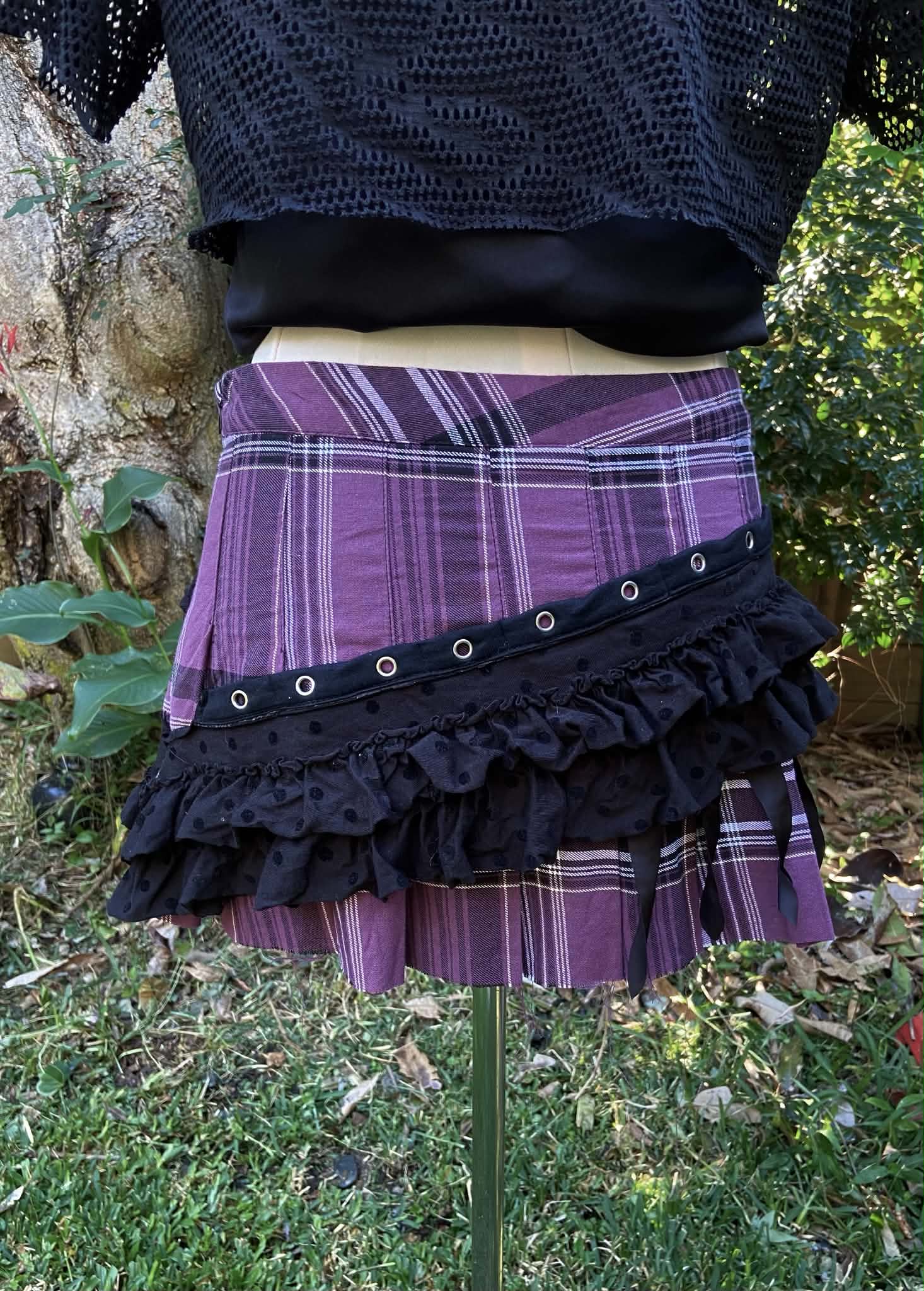 Mini Skirt - Purple Tartan with Black Frill and Lacing (Size 10)