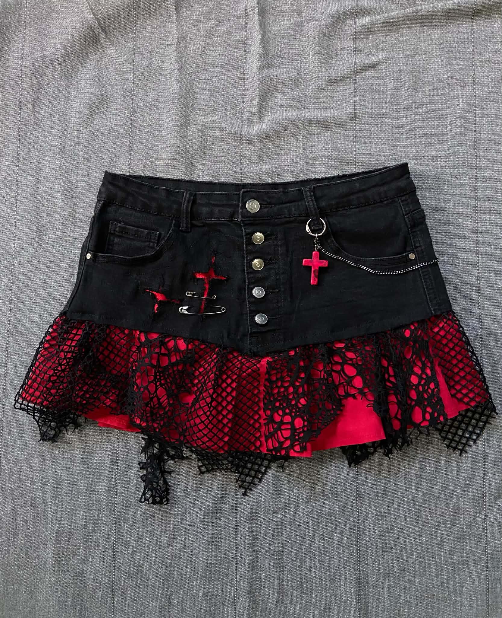 Mini Skirt - Black Denim with Red Frill and Mesh (size 10-12)