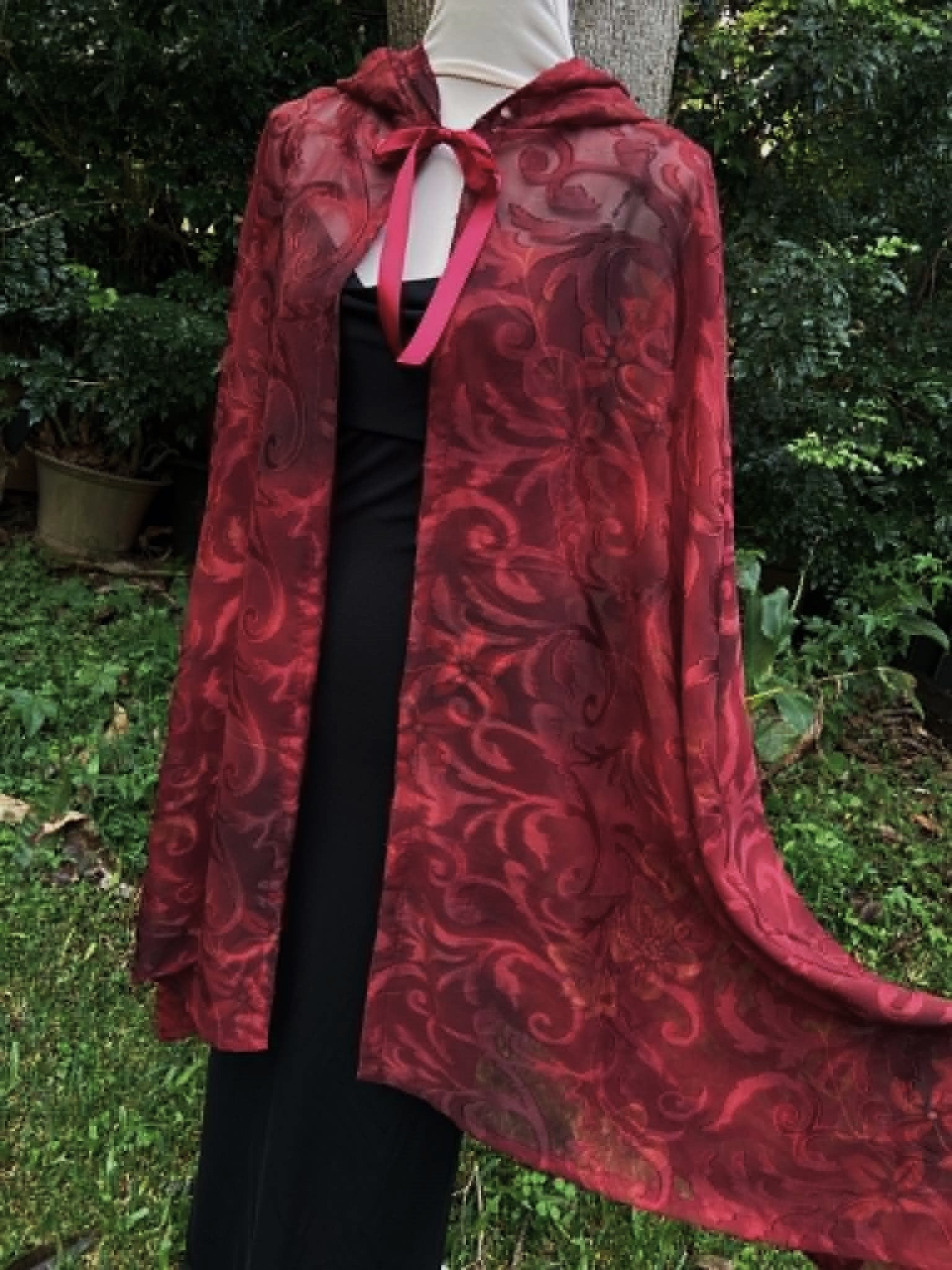 Burgundy Semi-Sheer Cape with Hood