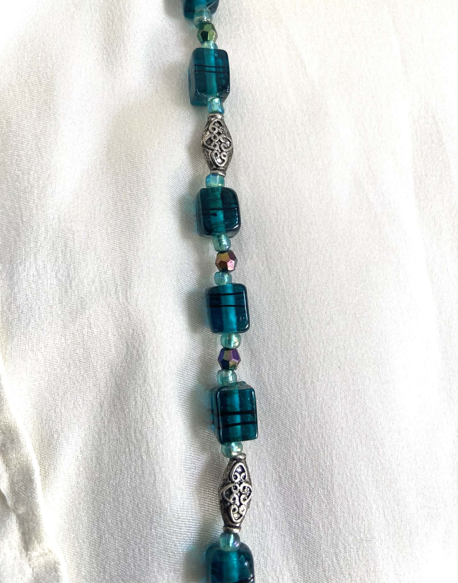 Teal Glass Bead Rosary with Skull and Pentagram
