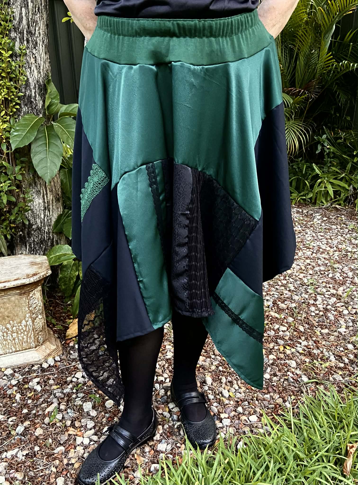 Twyla Hanky hem skirt - Black/Green Patchwork (20-26)