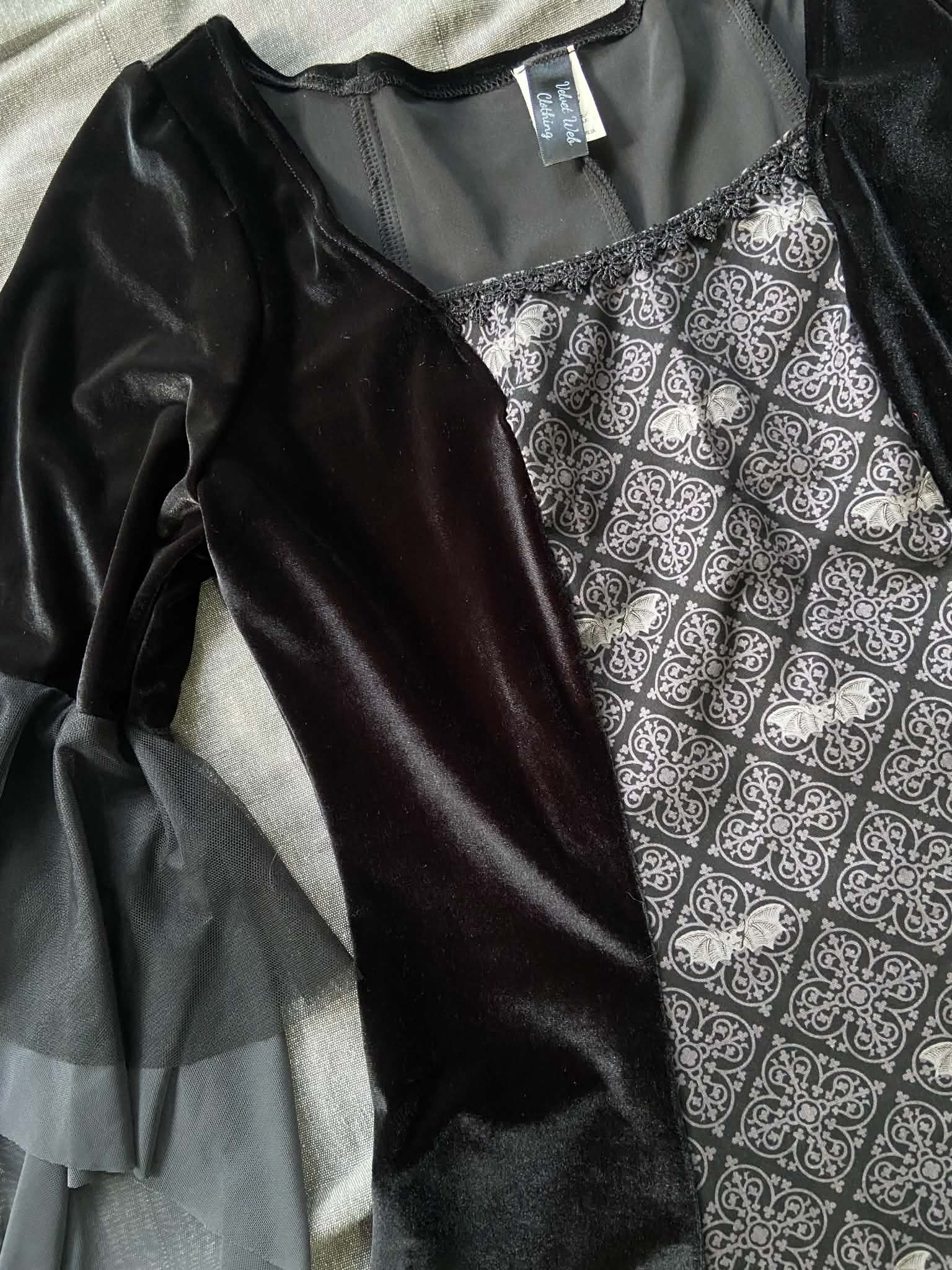 Cordelia Dress - Black Velour with Bats (Size 12-14)